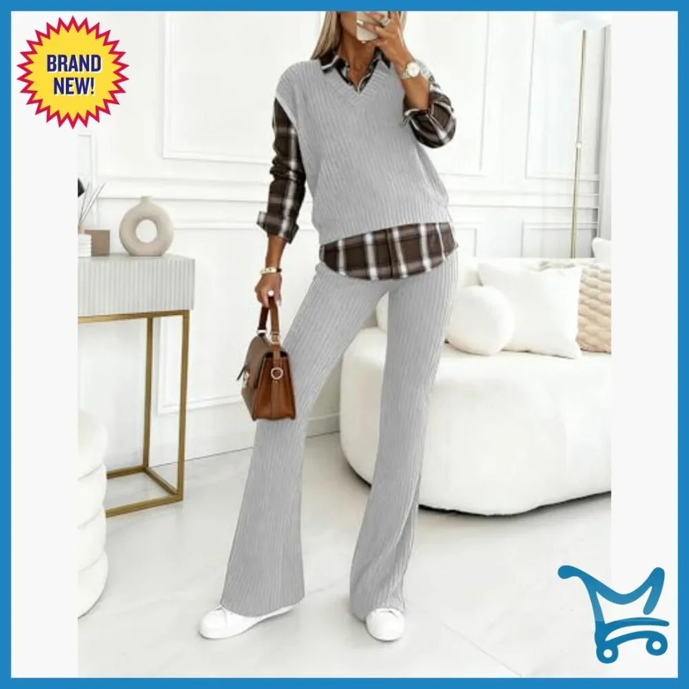 Ribbed Long Sleeve Top and Pants Set, Polyester Blend, X-Large